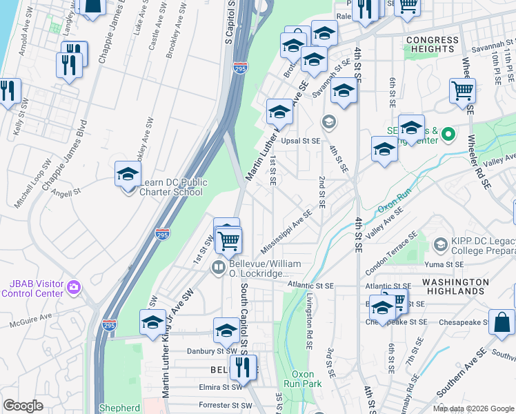 map of restaurants, bars, coffee shops, grocery stores, and more near 15 Halley Place Southeast in Washington