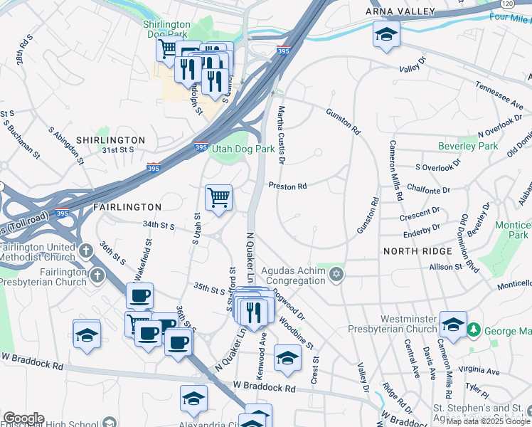 map of restaurants, bars, coffee shops, grocery stores, and more near 3332 Martha Custis Drive in Alexandria