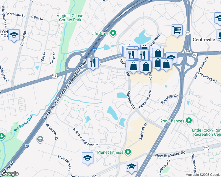 map of restaurants, bars, coffee shops, grocery stores, and more near 14314 Climbing Rose Way in Centreville