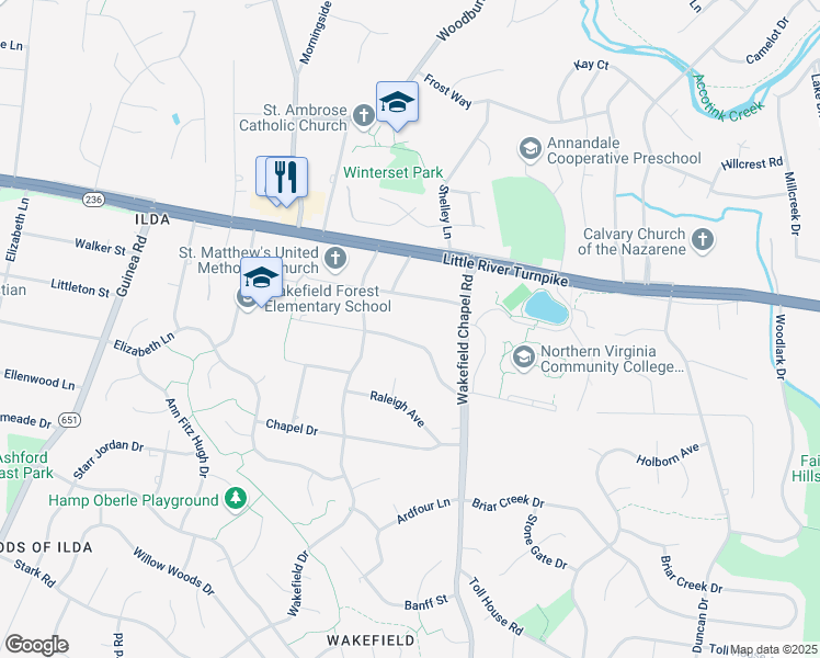map of restaurants, bars, coffee shops, grocery stores, and more near 8526 Forest Street in Annandale