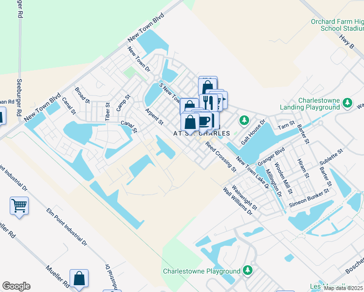 map of restaurants, bars, coffee shops, grocery stores, and more near 3555 Arpent Street in Saint Charles