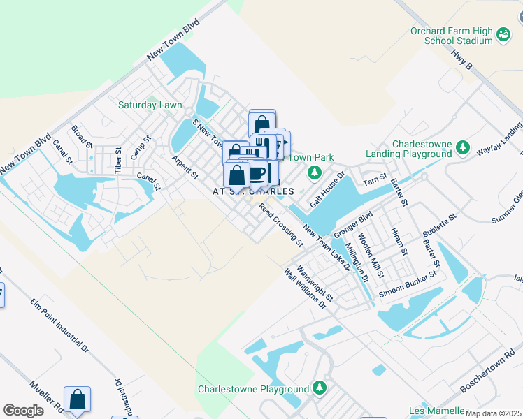 map of restaurants, bars, coffee shops, grocery stores, and more near 3239 Reed Crossing Place in Saint Charles
