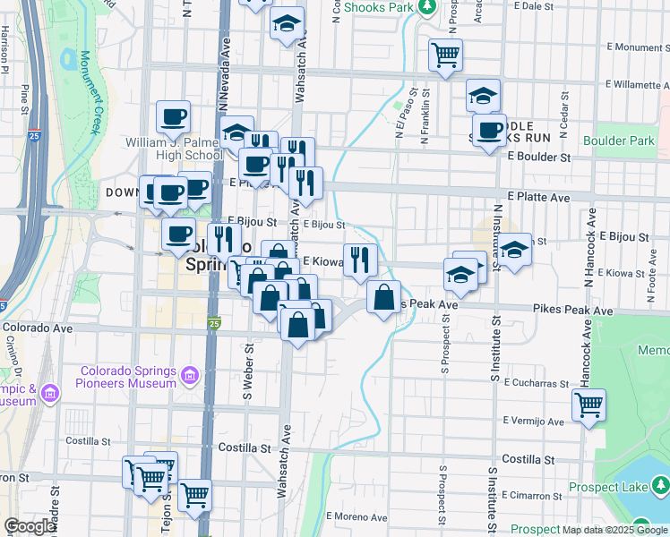 map of restaurants, bars, coffee shops, grocery stores, and more near 441 East Kiowa Street in Colorado Springs