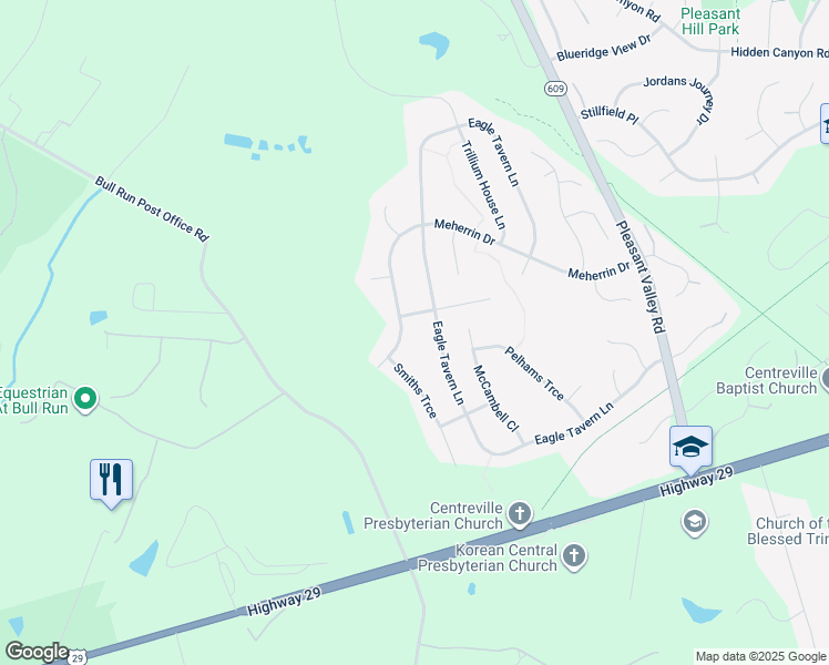 map of restaurants, bars, coffee shops, grocery stores, and more near 15623 Meherrin Drive in Centreville