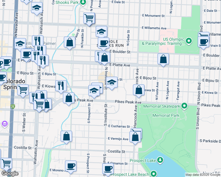 map of restaurants, bars, coffee shops, grocery stores, and more near East Kiowa Street in Colorado Springs