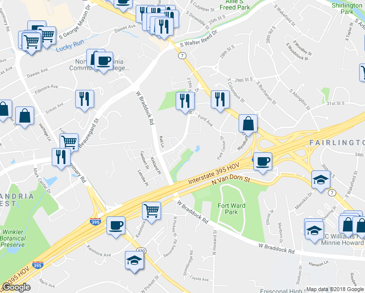 map of restaurants, bars, coffee shops, grocery stores, and more near 4642 Kirkpatrick Lane in Alexandria