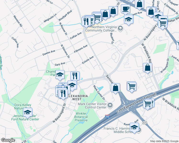 map of restaurants, bars, coffee shops, grocery stores, and more near 2643 Centennial Court in Alexandria