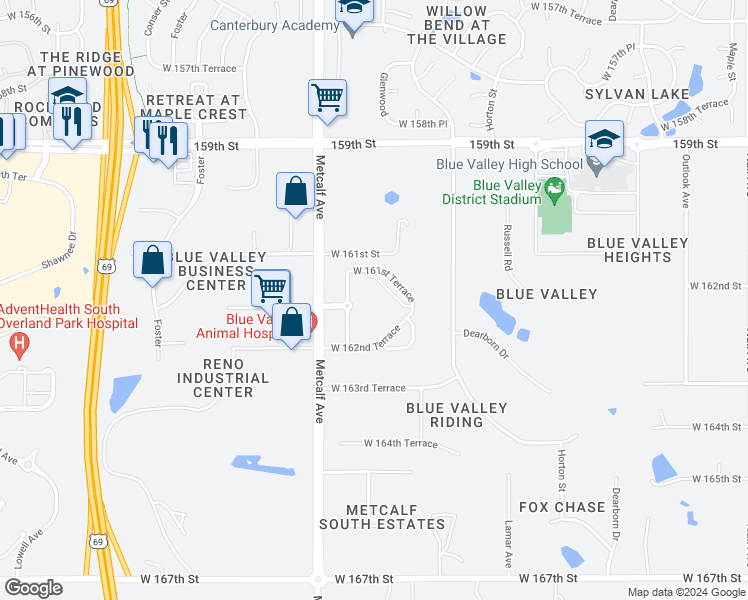 map of restaurants, bars, coffee shops, grocery stores, and more near 16265 Metcalf Avenue in Stilwell