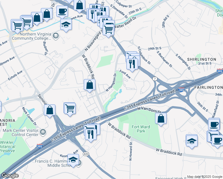 map of restaurants, bars, coffee shops, grocery stores, and more near 4642 Kirkpatrick Lane in Alexandria