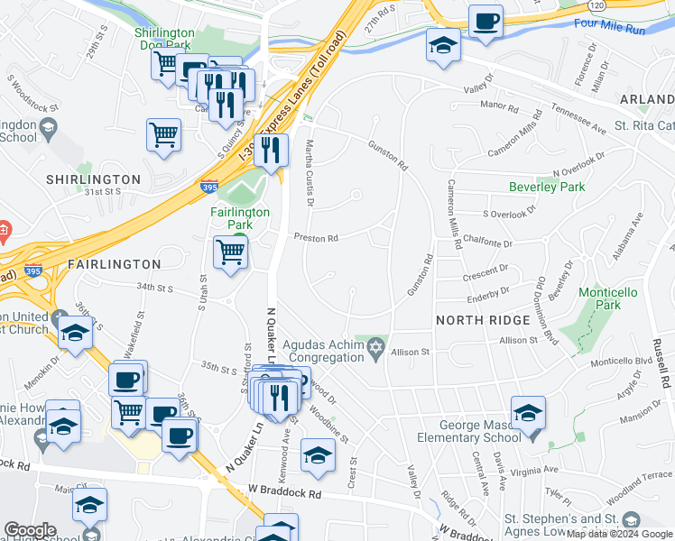 map of restaurants, bars, coffee shops, grocery stores, and more near 1602 Ripon Place in Alexandria