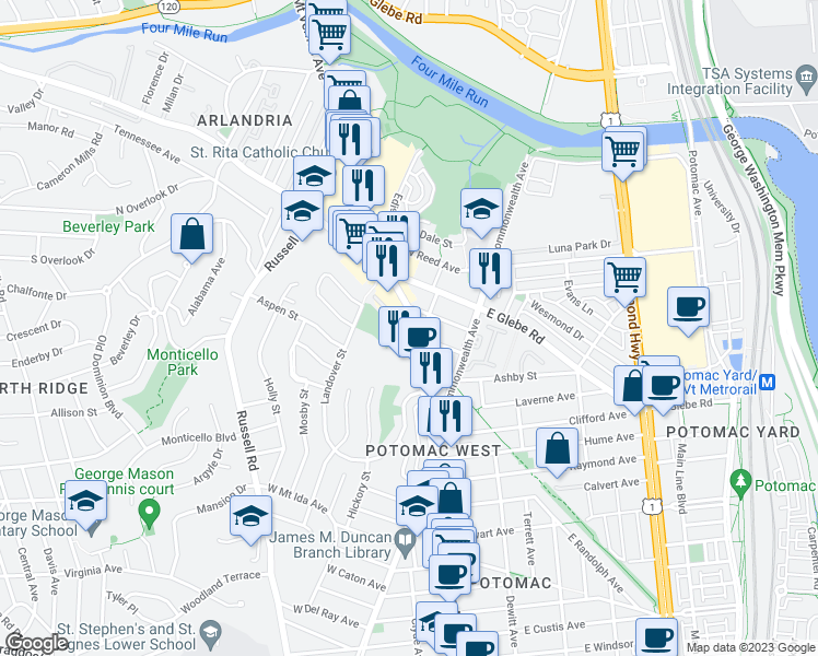 map of restaurants, bars, coffee shops, grocery stores, and more near 3296 Mount Vernon Avenue in Alexandria