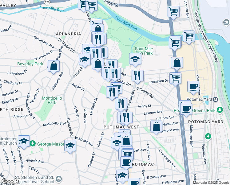 map of restaurants, bars, coffee shops, grocery stores, and more near 3296 Mount Vernon Avenue in Alexandria
