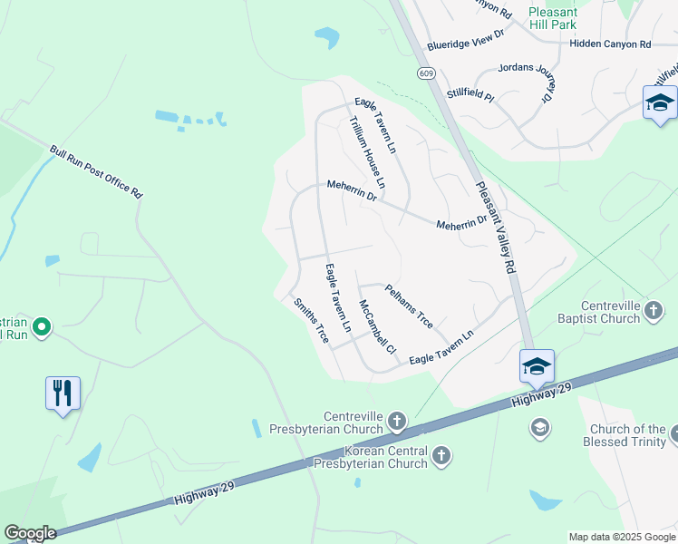 map of restaurants, bars, coffee shops, grocery stores, and more near 15460 Eagle Tavern Lane in Centreville