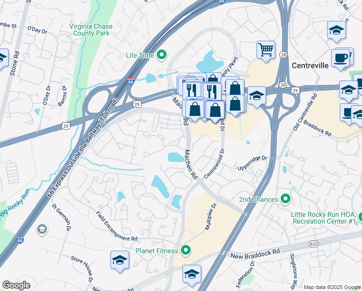 map of restaurants, bars, coffee shops, grocery stores, and more near 6011 Rosebud Lane in Centreville