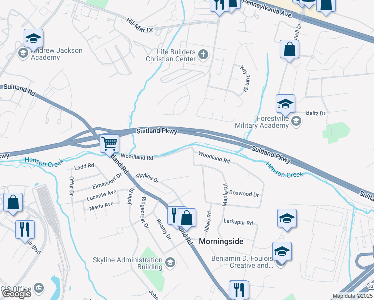 map of restaurants, bars, coffee shops, grocery stores, and more near 6519 Woodland Road in Morningside