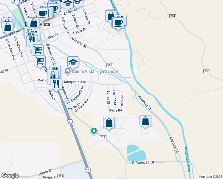 map of restaurants, bars, coffee shops, grocery stores, and more near 104 Trenton Street in Buena Vista