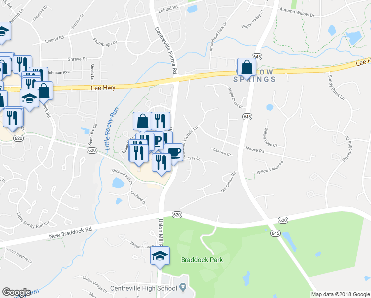 map of restaurants, bars, coffee shops, grocery stores, and more near 5621 Cavalier Woods Lane in Clifton