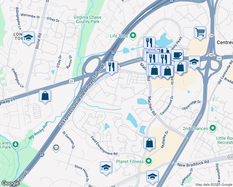 map of restaurants, bars, coffee shops, grocery stores, and more near 6111 Strasburg Drive in Centreville