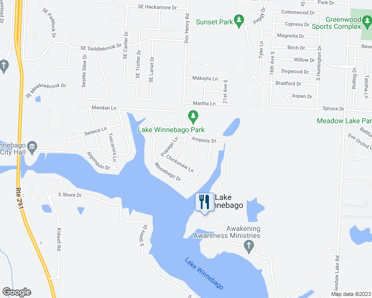 map of restaurants, bars, coffee shops, grocery stores, and more near 82 Paducah Lane in Lake Winnebago