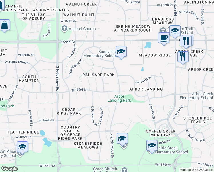 map of restaurants, bars, coffee shops, grocery stores, and more near 17531 West 162nd Street in Olathe