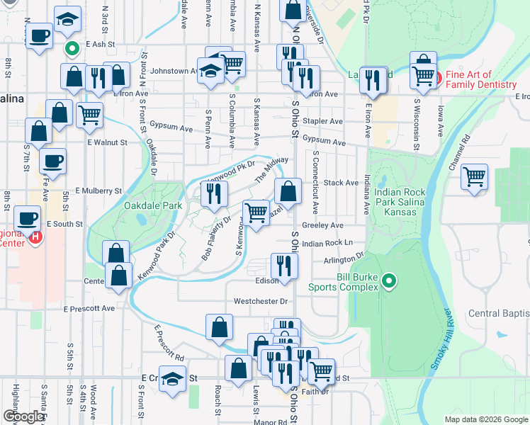 map of restaurants, bars, coffee shops, grocery stores, and more near 442 Hazel Court in Salina