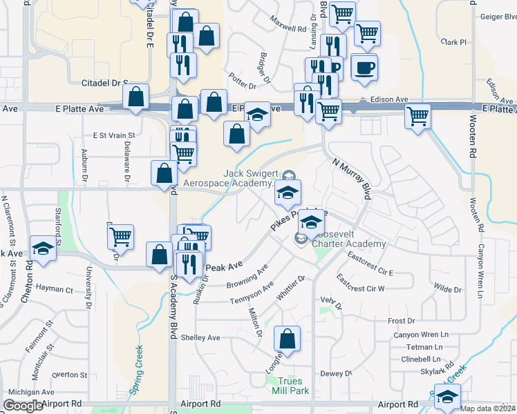 map of restaurants, bars, coffee shops, grocery stores, and more near 100 Coleridge Avenue in Colorado Springs