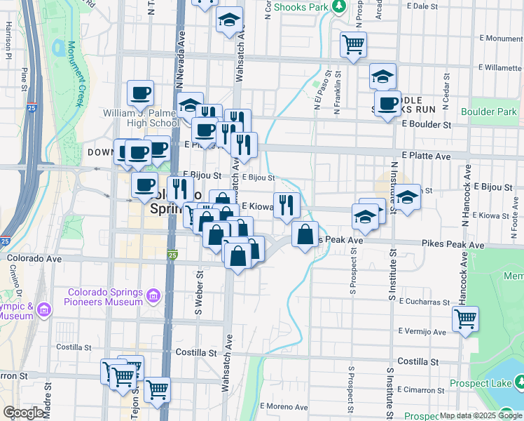 map of restaurants, bars, coffee shops, grocery stores, and more near 27 North Corona Street in Colorado Springs