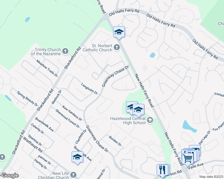 map of restaurants, bars, coffee shops, grocery stores, and more near 3463 Woodpath Drive in Florissant