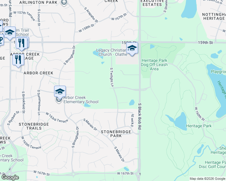 map of restaurants, bars, coffee shops, grocery stores, and more near 15509 West 163rd Terrace in Olathe