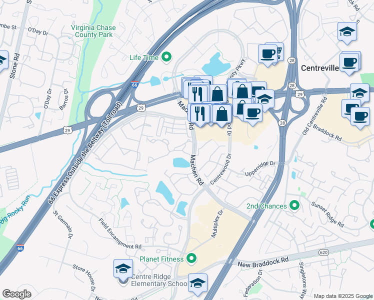 map of restaurants, bars, coffee shops, grocery stores, and more near 6011 Rosebud Lane in Centreville