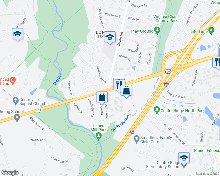 map of restaurants, bars, coffee shops, grocery stores, and more near U.S. 29 & Stone Rd in Centreville