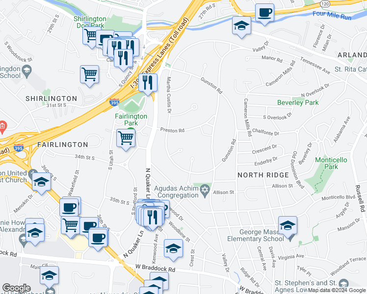 map of restaurants, bars, coffee shops, grocery stores, and more near 1603 Ripon Place in Alexandria