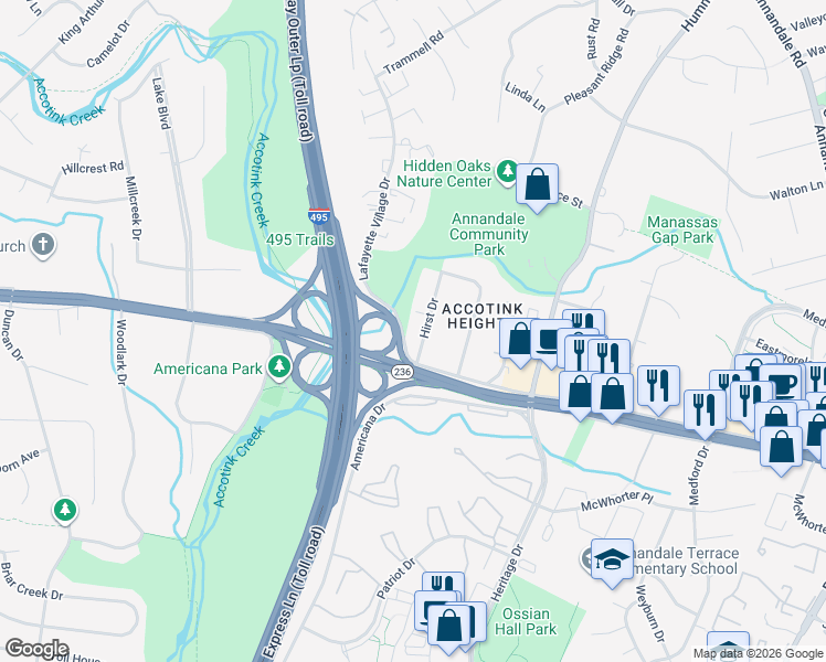 map of restaurants, bars, coffee shops, grocery stores, and more near 4020 Hirst Dr in Annandale