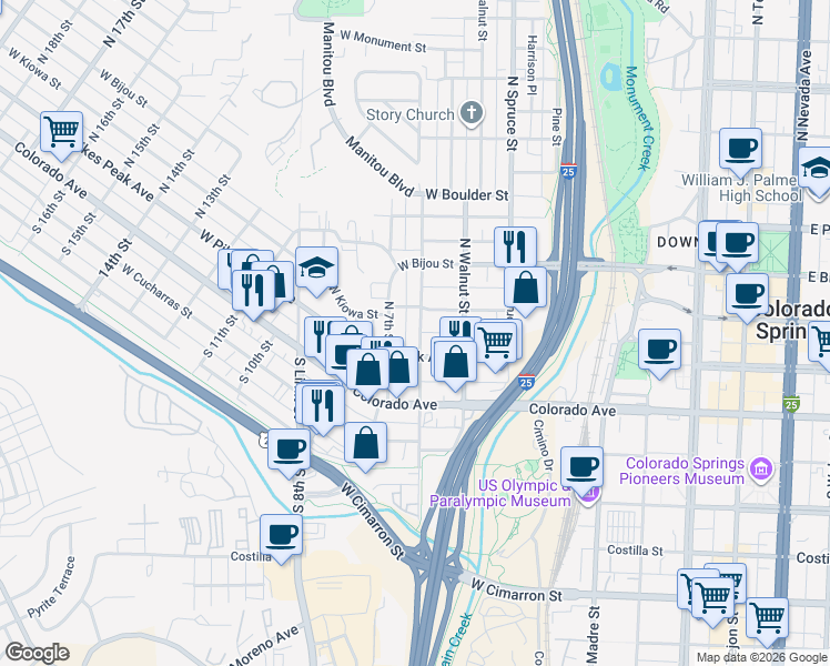 map of restaurants, bars, coffee shops, grocery stores, and more near 20 North Chestnut Street in Colorado Springs