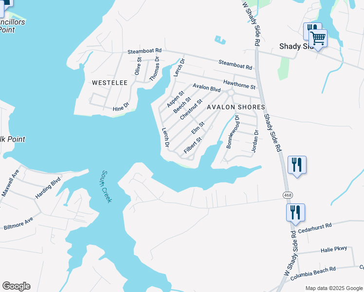 map of restaurants, bars, coffee shops, grocery stores, and more near 4967 Elm Street in Shady Side