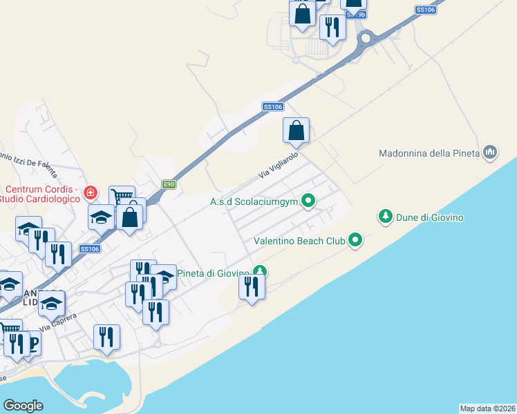 map of restaurants, bars, coffee shops, grocery stores, and more near 10 Via Alberto Bedarida in Catanzaro