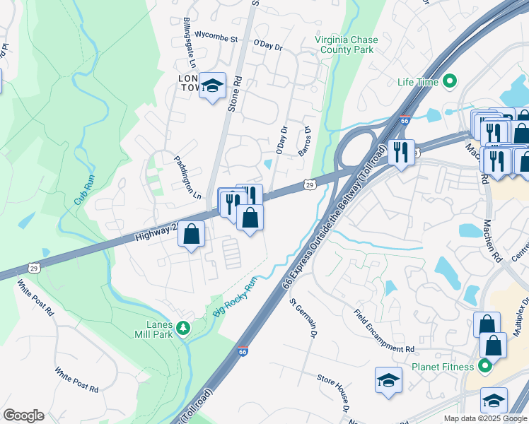 map of restaurants, bars, coffee shops, grocery stores, and more near 14611 Lee Highway in Centreville
