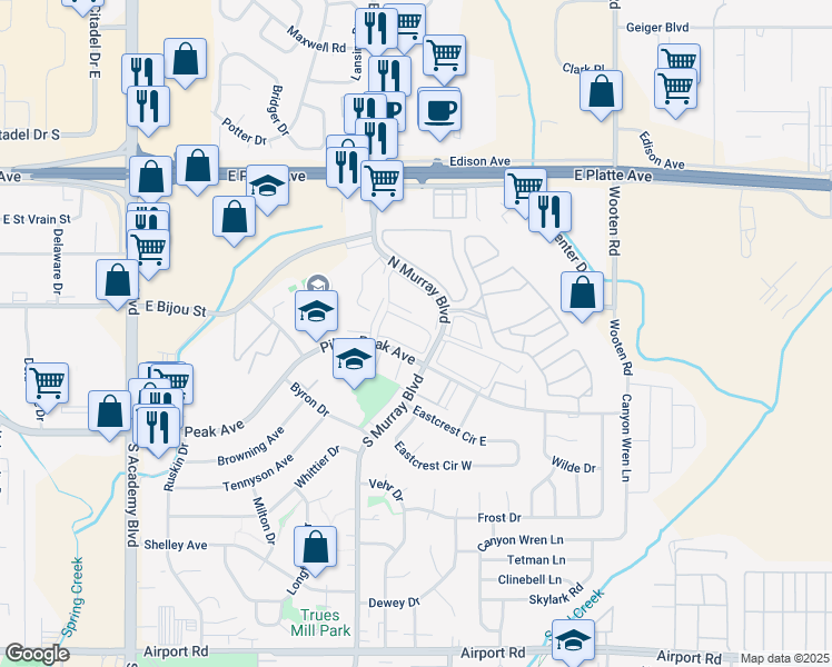 map of restaurants, bars, coffee shops, grocery stores, and more near 4390 East Pikes Peak Avenue in Colorado Springs