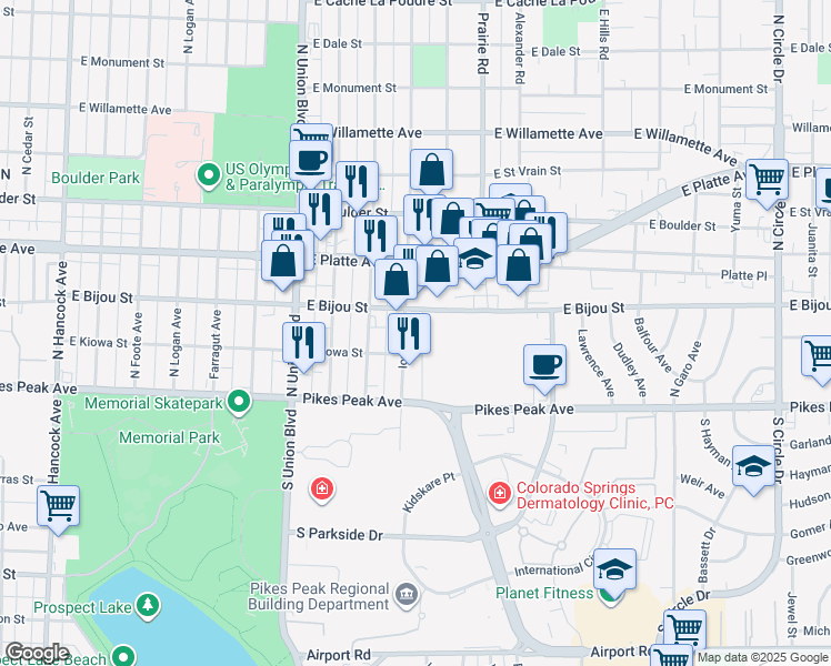 map of restaurants, bars, coffee shops, grocery stores, and more near 113 Iowa Avenue in Colorado Springs