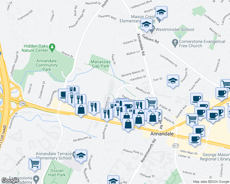 map of restaurants, bars, coffee shops, grocery stores, and more near 4113 Wadsworth Court in Annandale