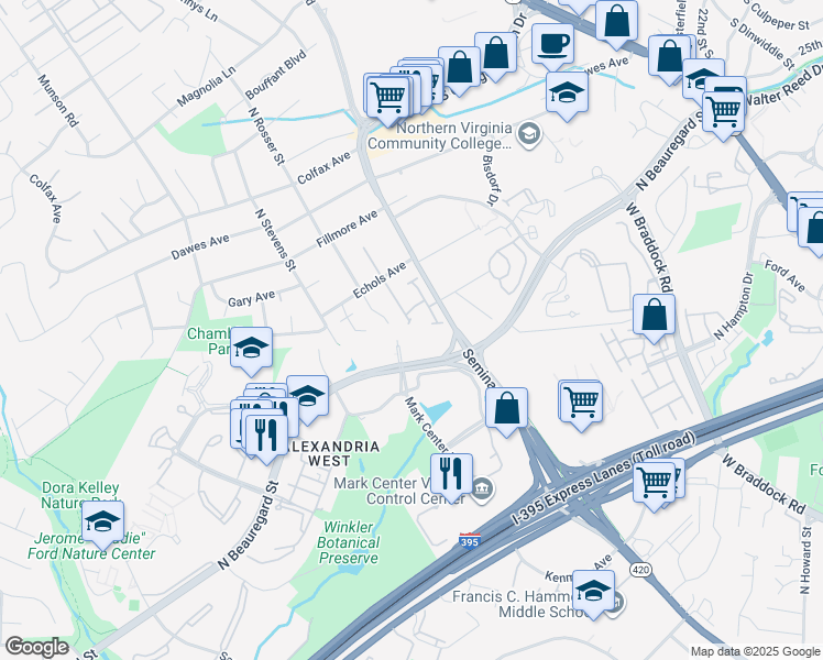 map of restaurants, bars, coffee shops, grocery stores, and more near 5113 Woodmire Lane in Alexandria