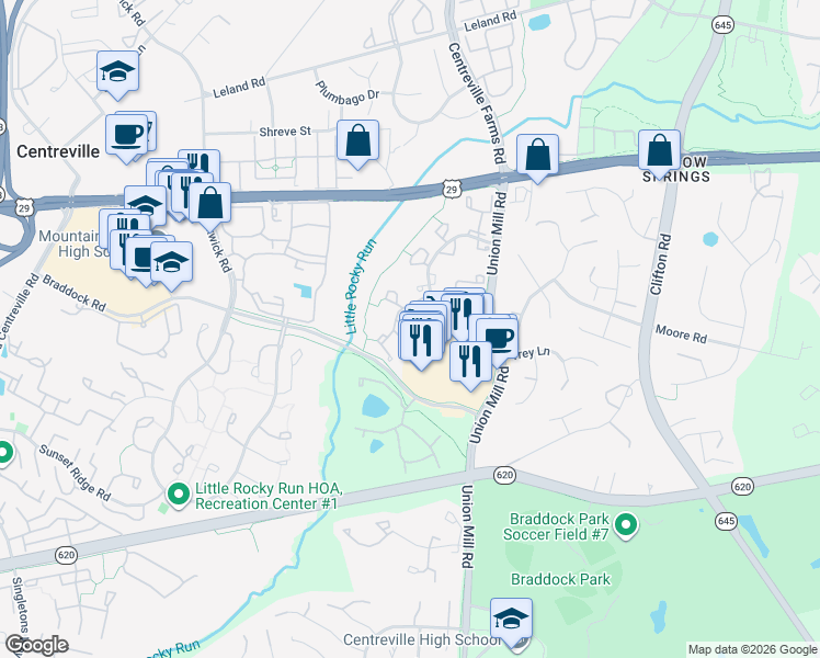 map of restaurants, bars, coffee shops, grocery stores, and more near 5732 Harrier Drive in Clifton