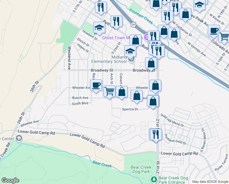 map of restaurants, bars, coffee shops, grocery stores, and more near 1409 Arch Street in Colorado Springs