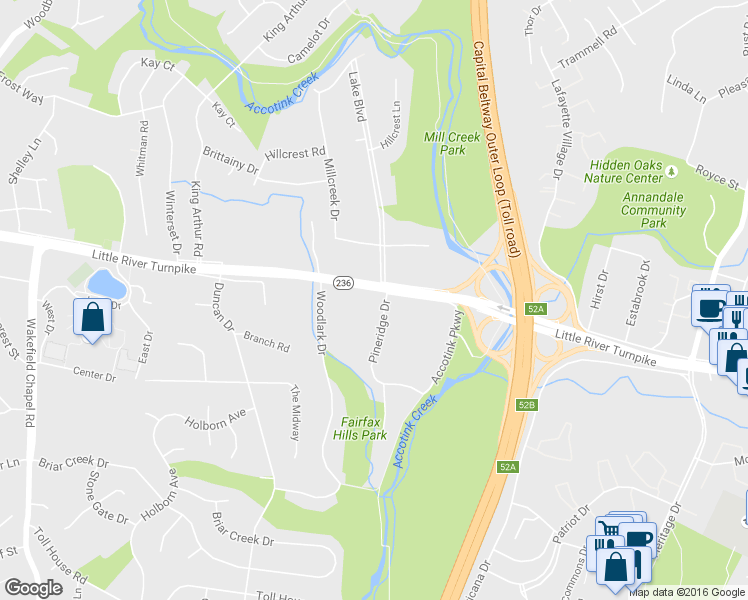 map of restaurants, bars, coffee shops, grocery stores, and more near 4100 Pineridge Drive in Annandale