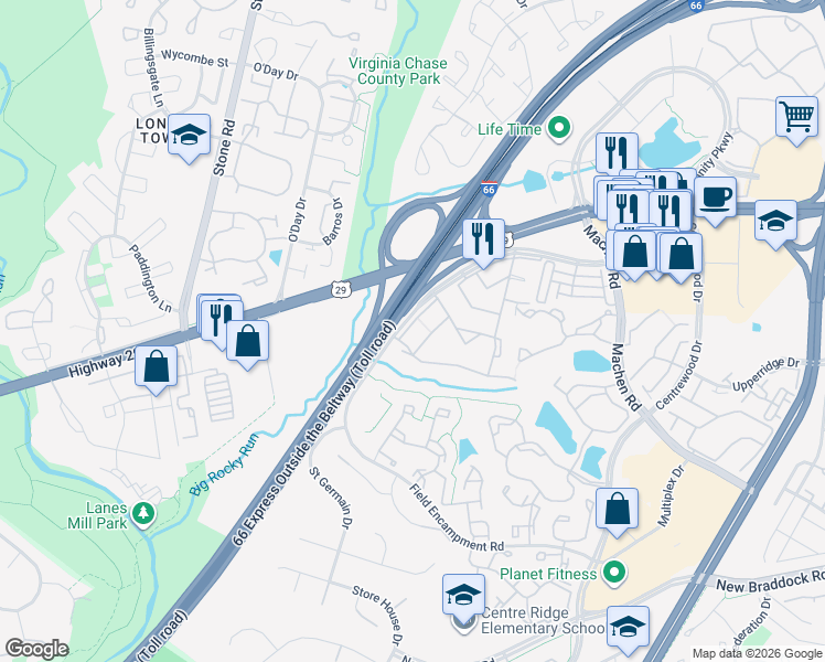 map of restaurants, bars, coffee shops, grocery stores, and more near 14493 Saint Germain Drive in Centreville