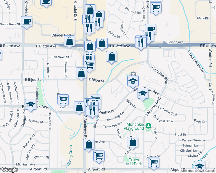 map of restaurants, bars, coffee shops, grocery stores, and more near 3955 East Bijou Street in Colorado Springs