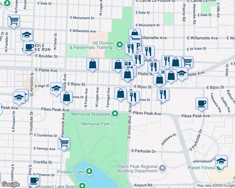 map of restaurants, bars, coffee shops, grocery stores, and more near 112 North Meade Avenue in Colorado Springs