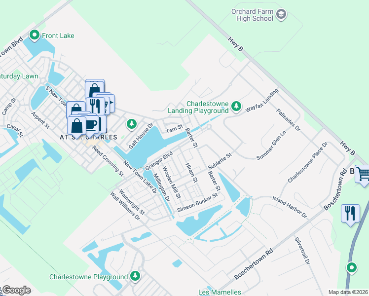 map of restaurants, bars, coffee shops, grocery stores, and more near 3393 Granger Boulevard in Saint Charles
