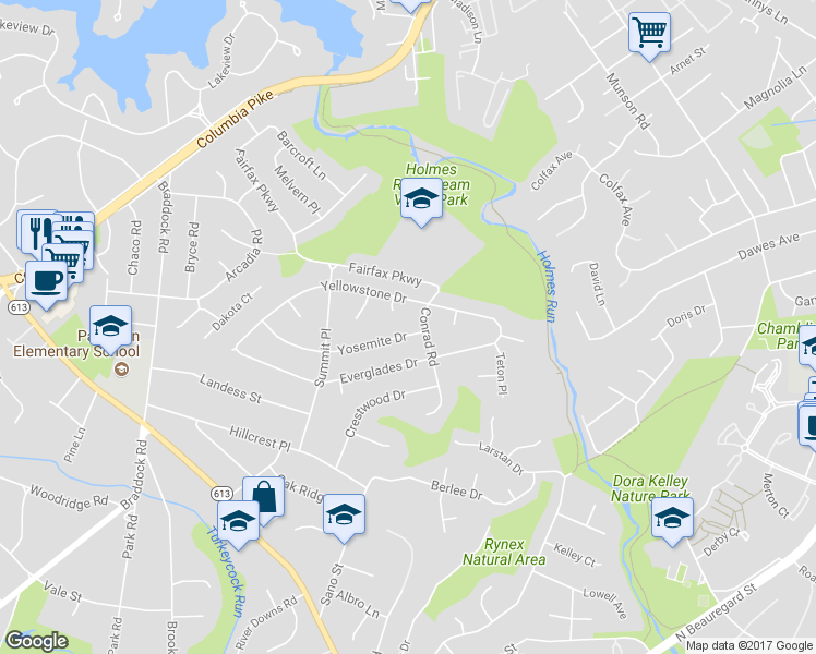 map of restaurants, bars, coffee shops, grocery stores, and more near 6202 Yosemite Drive in Alexandria