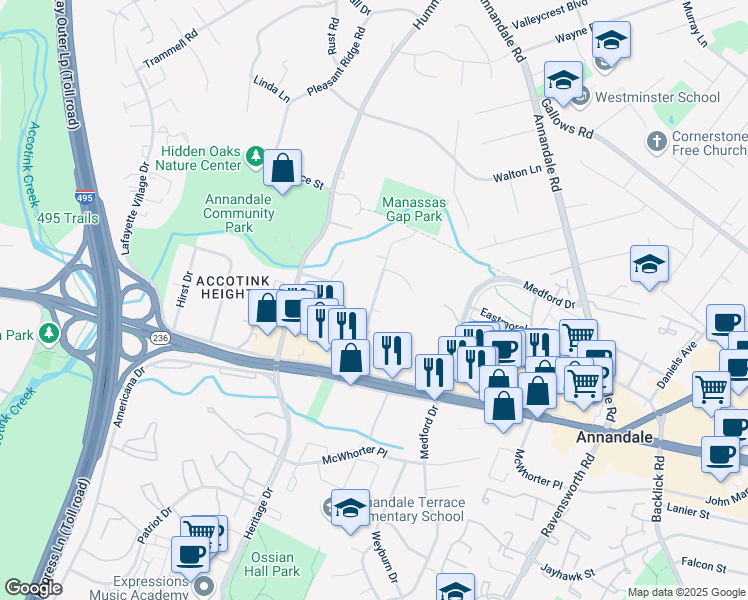 map of restaurants, bars, coffee shops, grocery stores, and more near Woodland Road in Annandale